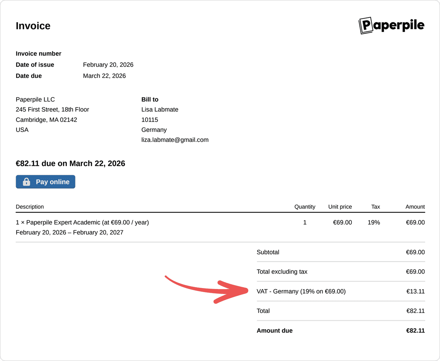A Paperpile invoice for €82.11 with a red arrow pointing to the “VAT – Germany (19% on €69.00) €13.11” line, above the total and amount due.